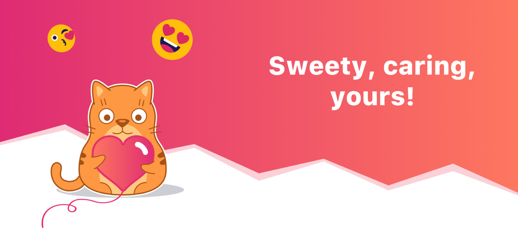 eBoox - fb2 ePub book reader - ハートとスローガン「Sweety caring yours」を持つかわいいオレンジ色の猫のマスコット