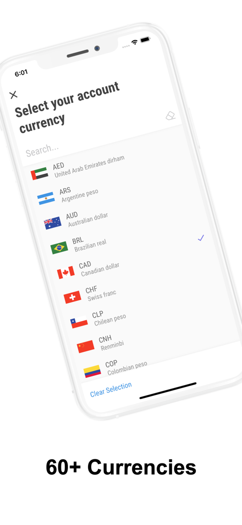 Interfaz de la aplicación móvil Pip Calculator que muestra una lista de selección de más de 60 monedas de cuenta globales para operar en Forex.