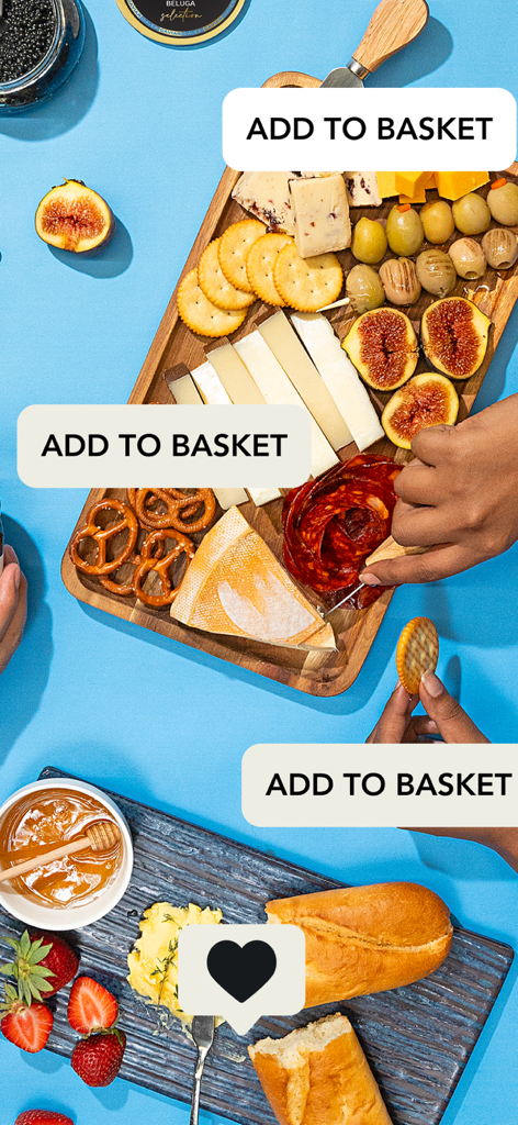 Grandiose Supermarket - Tabla de charcutería gourmet y comestibles frescos con botones para añadir a la cesta