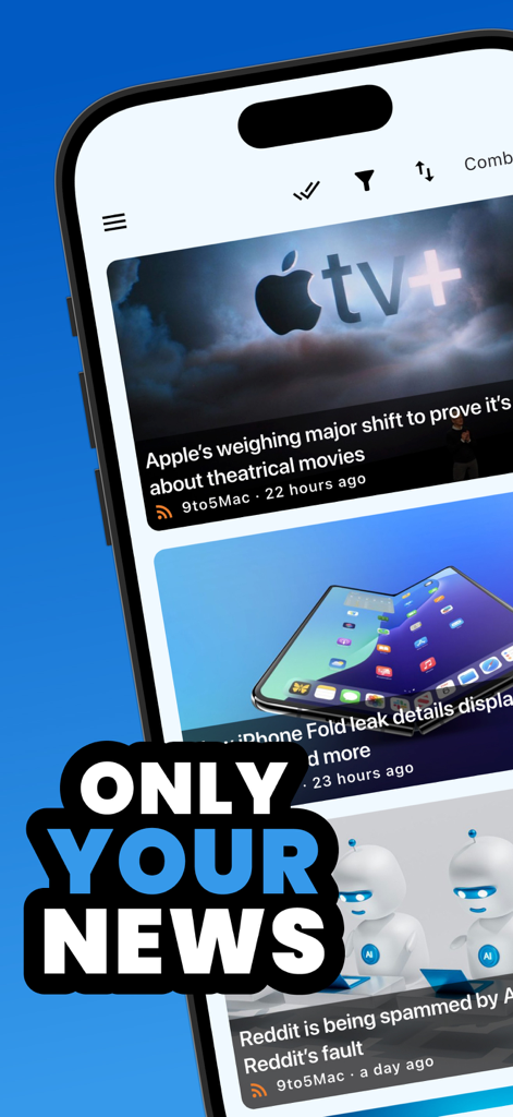 RSS Reader app showing a curated news feed with tech articles on an iPhone