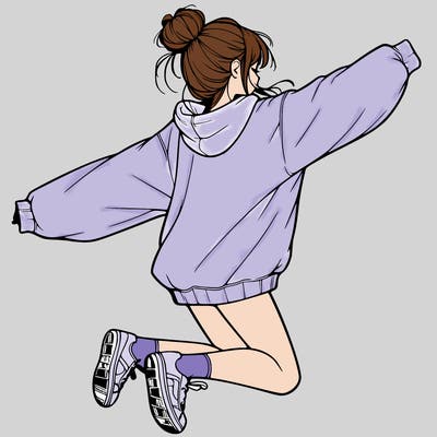 realistic girl jumping with a bun and oversized sweatshirt