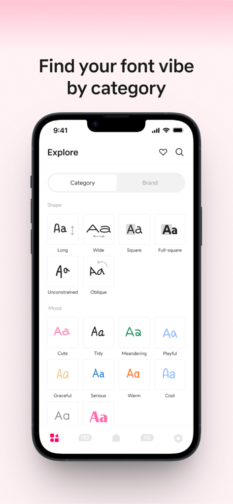 Bakey-App-Explorer-Bildschirm mit Schriftartenkategorien nach Form und Stimmung