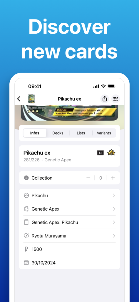 ProDex TCGP - For Pokémon TCGP - Mobile screenshot of the ProDex TCGP app showing detailed information for a Pikachu ex card.