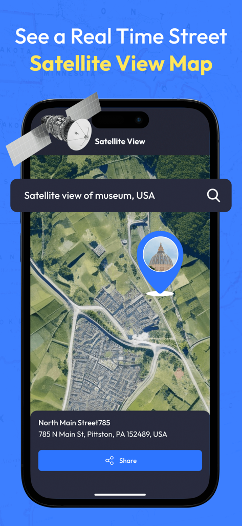Street View Map- Live Earth 3D - A mobile phone screen displaying a high-resolution satellite map view of a town with a landmark pin and location details.