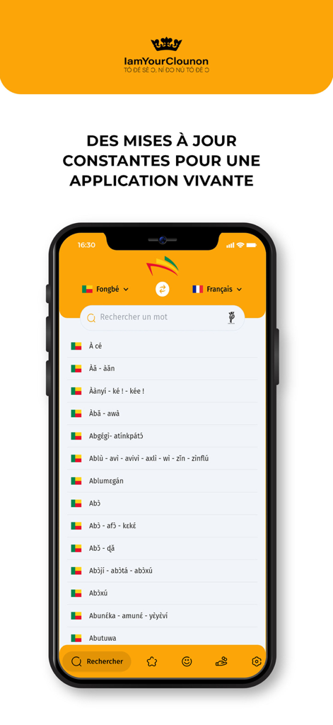 Interface do aplicativo Dico des Langues Beninoises mostrando uma lista de palavras Fongbe e suas traduções.