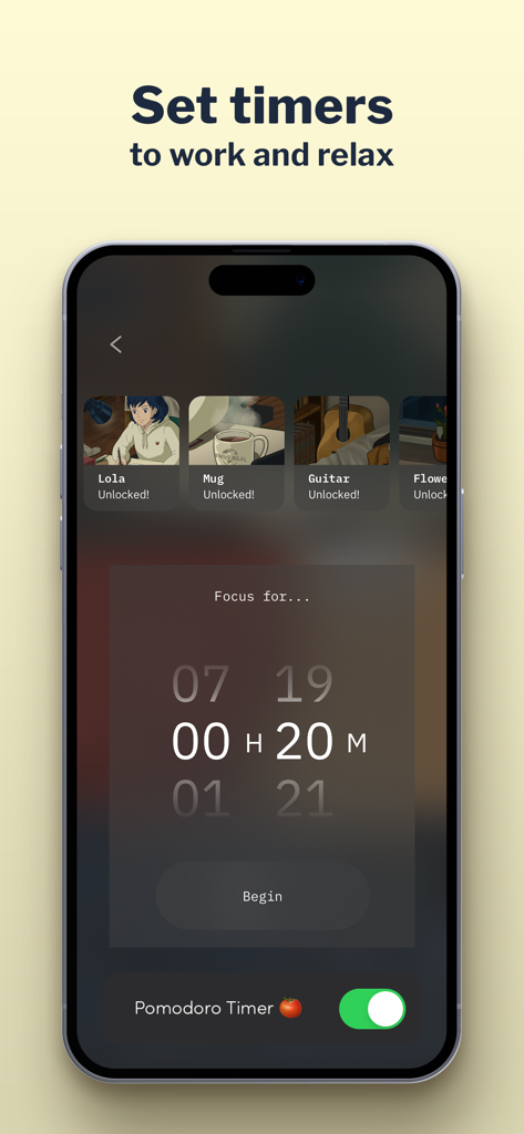 Interface of the Lola app showing a focus timer with Pomodoro mode enabled and cozy character illustrations