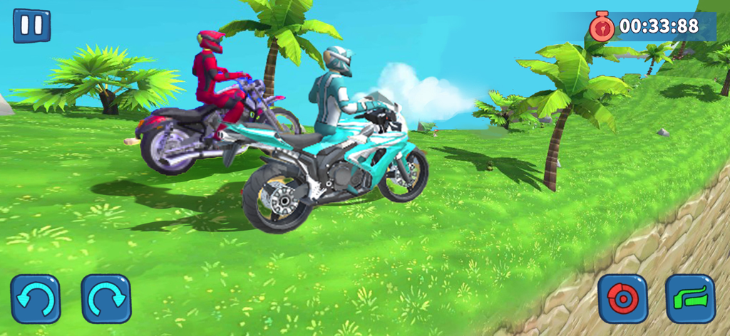 Motocross Bike Racing Game - Dos motocicletas compitiendo en una pista verde cubierta de hierba con palmeras bajo un cielo azul