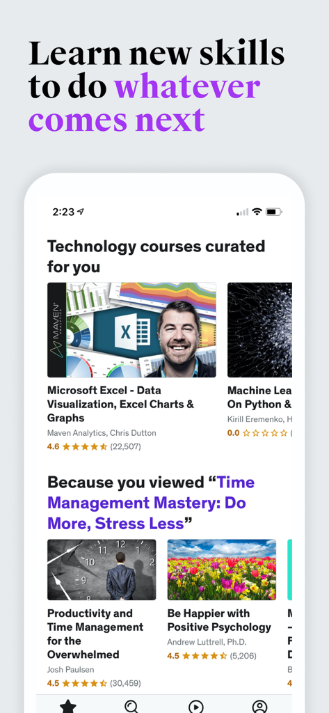 Udemy Business - Udemy Business App-Oberfläche, die kuratierte Kurse zur beruflichen Weiterentwicklung und personalisierte Empfehlungen anzeigt