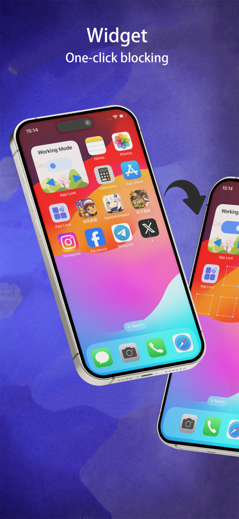 App Lock – Apps Blocker - App Lock Widget auf einem iPhone-Startbildschirm, das das Blockieren mit einem Klick für den Arbeitsmodus zeigt