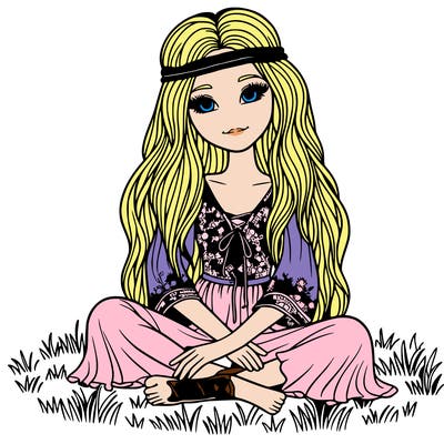 a realistic woman dressed in hippie clothes sitting on the grass