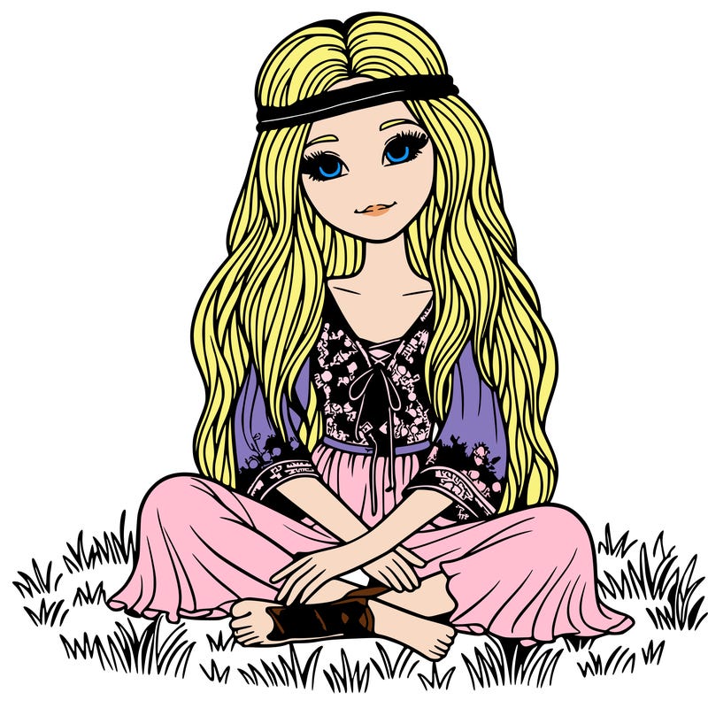 a realistic woman dressed in hippie clothes sitting on the grass