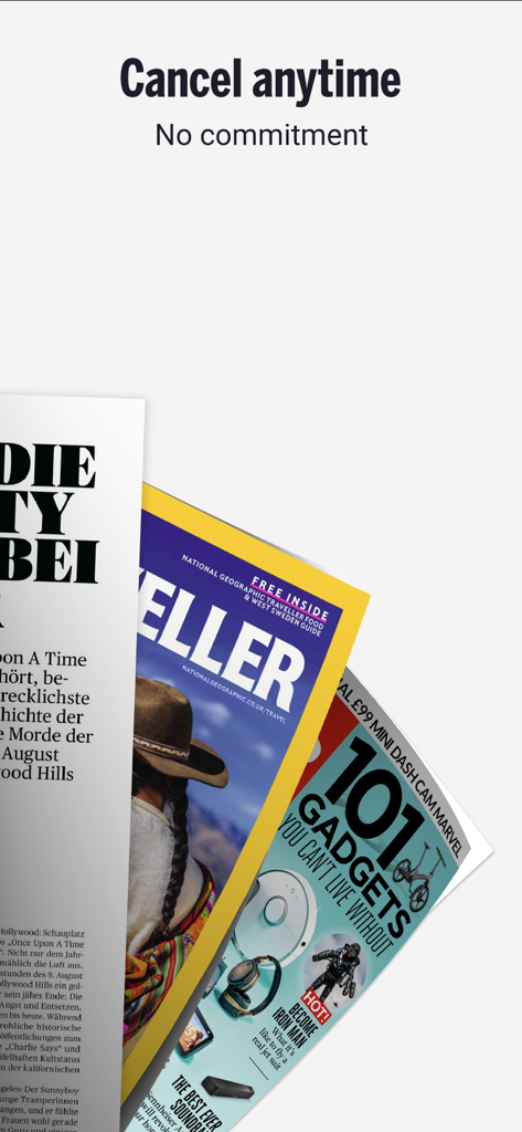 Readly App-Bildschirm, der Magazin-Cover und eine Nachricht anzeigt, dass Sie jederzeit ohne Verpflichtung kündigen können