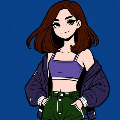 a realistic girl with a crop top and short shorts in an open jacket