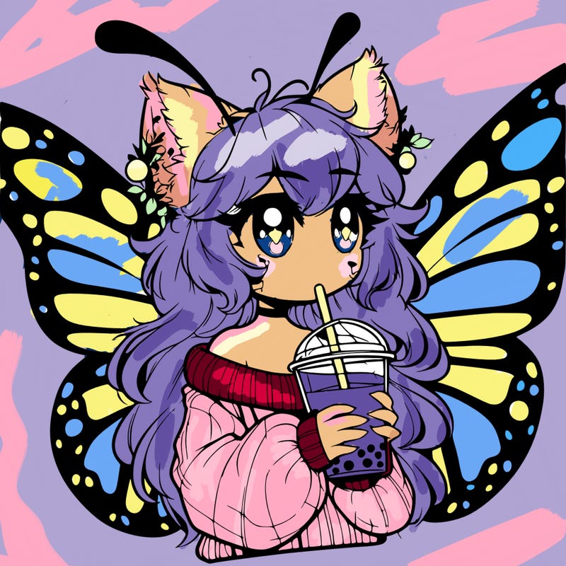 a realistic butterfly/furry girl drinking boba