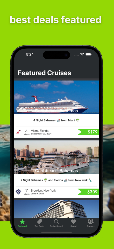 Mobile App-Bildschirm mit ausgewählten Kreuzfahrtangeboten mit ermäßigten Preisen für Fahrten auf die Bahamas und nach Florida