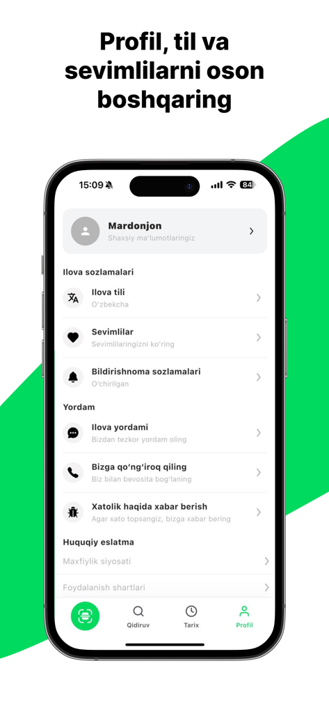 Sifatly: Product Scanner - Menú de perfil y configuración del usuario de la aplicación escáner de productos Sifatly.