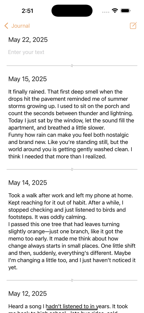Chapters - Your Daily Notebook - Interfaz de bloc de notas digital minimalista que muestra múltiples entradas de diario personal con fechas.