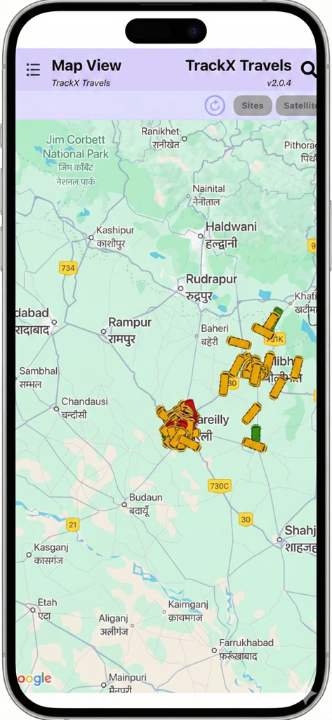 Track-X - Track-X App-Oberfläche zeigt Echtzeit-Fahrzeugstandorte auf einer interaktiven Karte
