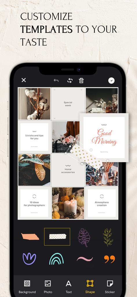 Feeds: Post & Template Maker - A mobile interface for customizing Instagram grid templates with stickers and photos
