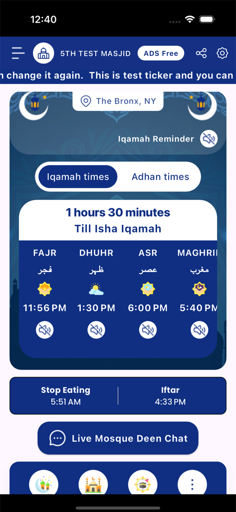 Live Mosque - Live Mosque app interface showing local prayer times and Iqamah countdown for a Bronx masjid