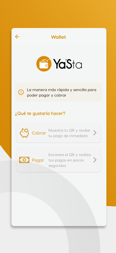 SOL APP - Pantalla de billetera SOL APP con el servicio Ya'Sta para pagos y cobros mediante códigos QR.