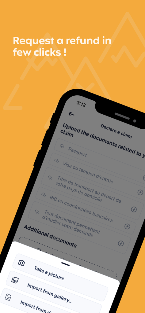 Schermata dello smartphone dell'app Chapka che mostra l'interfaccia di richiesta di rimborso e le opzioni di caricamento documenti