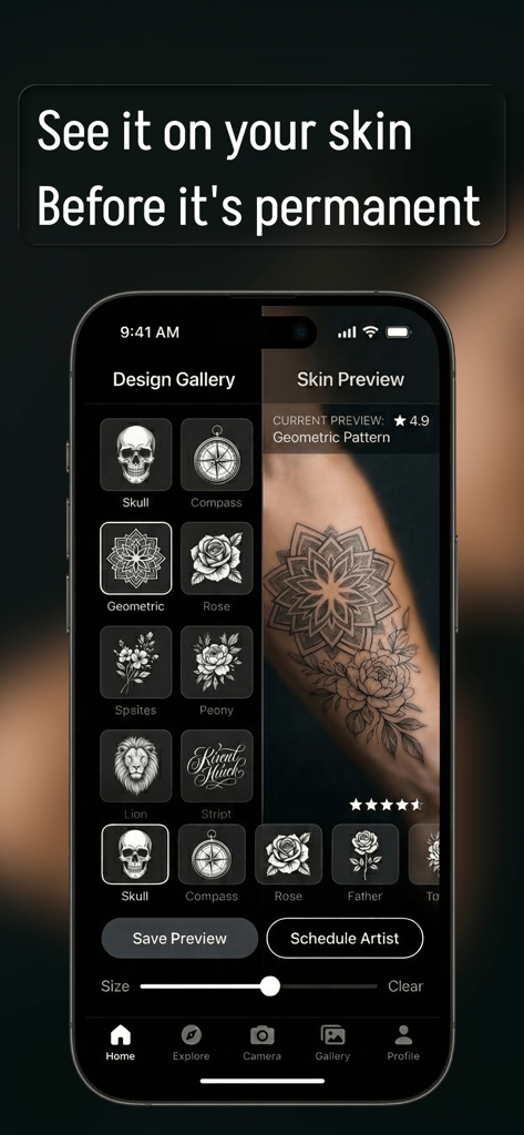 Interfaz de la aplicación móvil que muestra una galería de diseños de tatuajes y una vista previa virtual en la piel de un tatuaje geométrico en un brazo