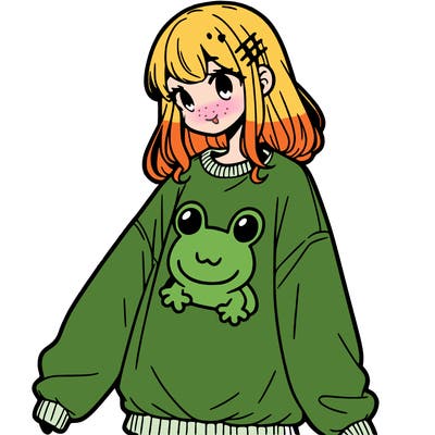 girl wearing frogging sweatshirt