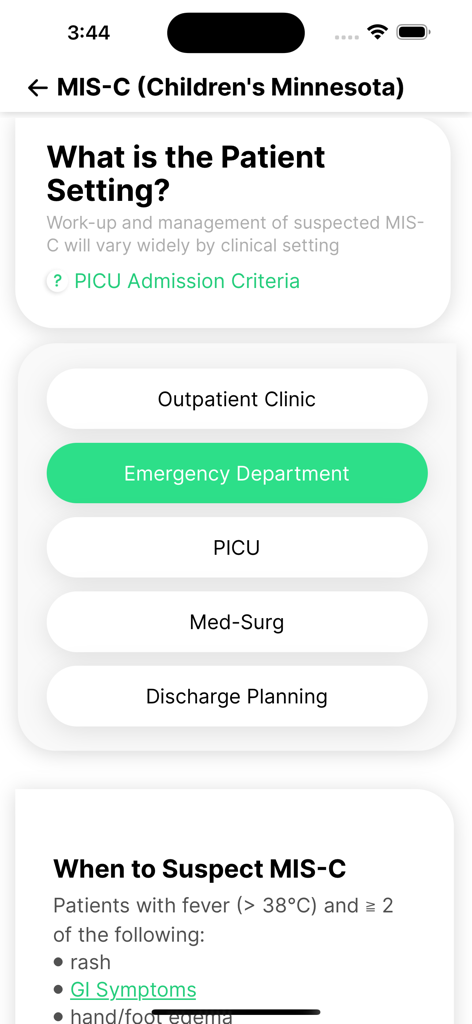 AvoMD - AvoMD app showing an interactive clinical decision tree for MIS-C patient management