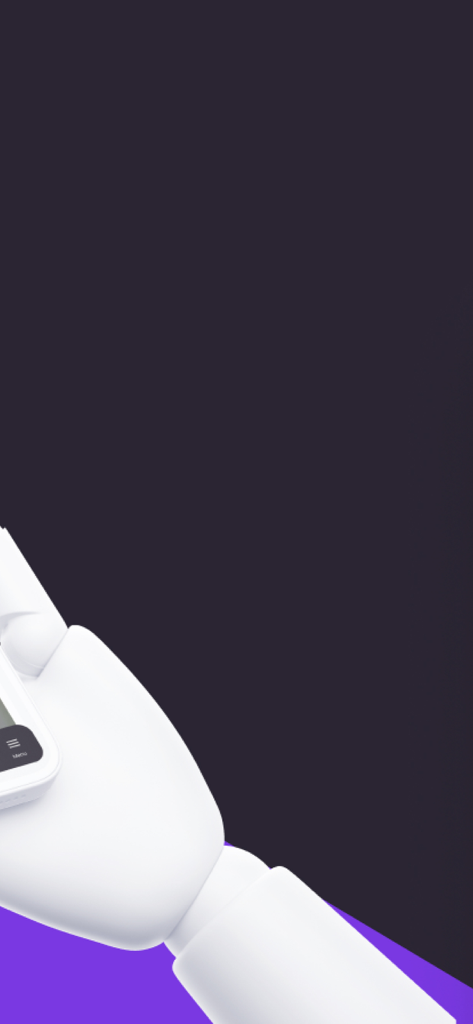 A robotic hand holding a smartphone showcasing the Reelyze app interface against a purple background