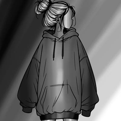realistic girl with a oversized sweatshirt on and a bun