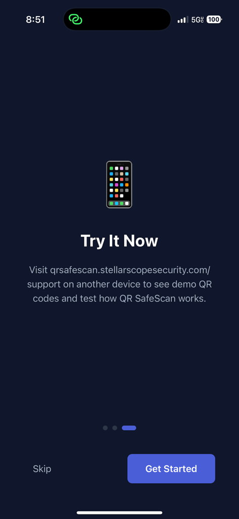 QR SafeScan - Threat Detector - Onboarding screen of the QR SafeScan app showing how to try a demo QR code scan.