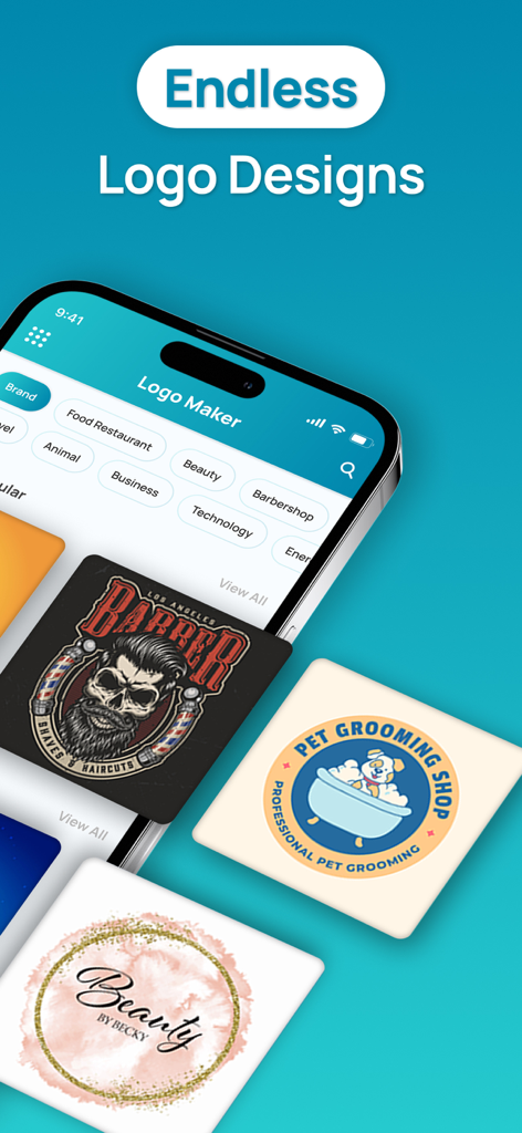 Logo Maker - Business Logo - Smartphone screen displaying diverse business logo design templates including barbershop and pet grooming