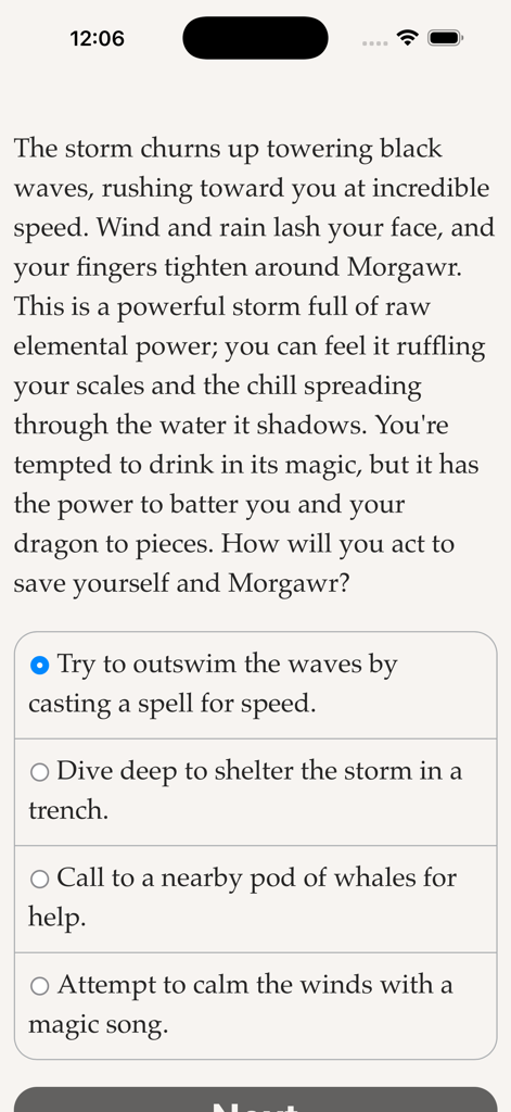 Text-based interactive novel gameplay screen with multiple story choices.