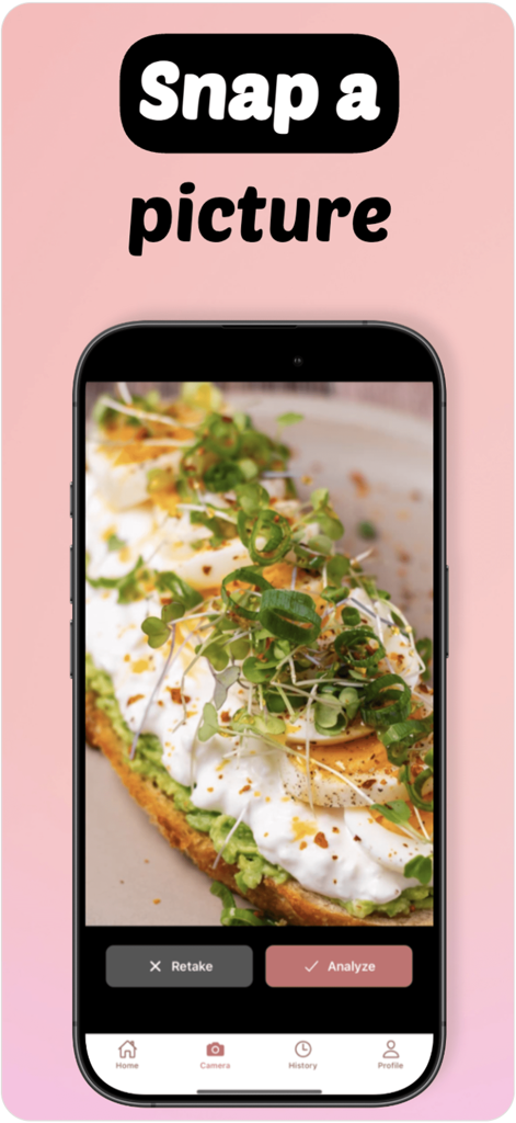 Calories AI: MacroMagic - Smartphone screen of Calories AI app showing a food photo being captured for nutrition and macro analysis