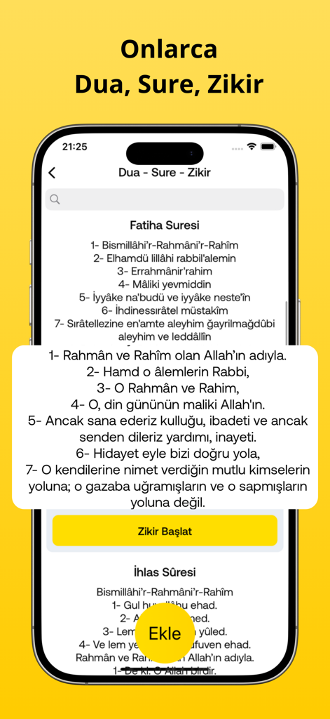 Zikirmatik - Tesbih sayaç - Zikirmatik app interface showing a list of Islamic prayers and surahs with Turkish translations for dhikr tracking.