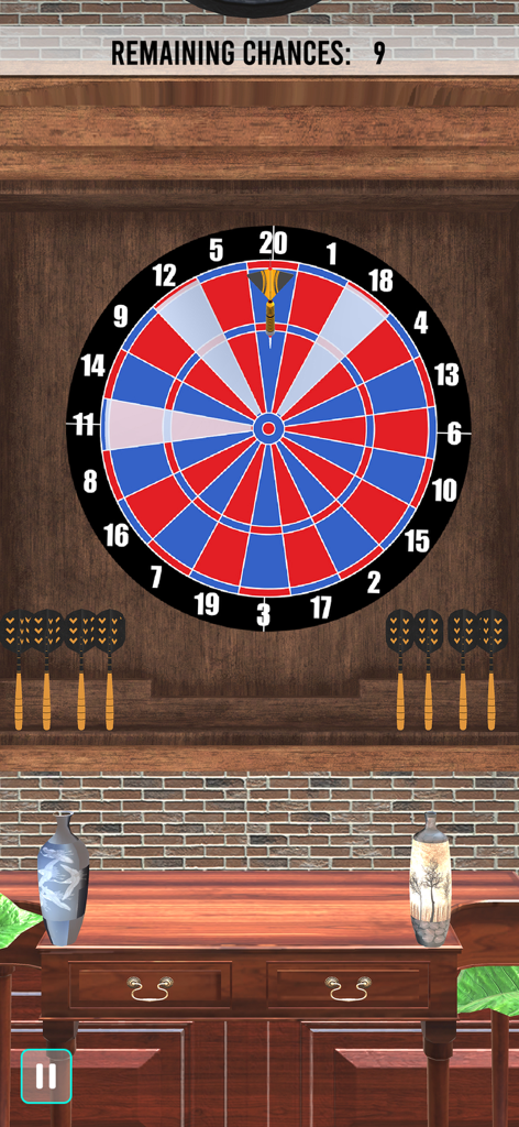 Dart Games 3D: Arrow Master - Una diana de dardos 3D en un acogedor bar de pueblo con un dardo alcanzando el objetivo.