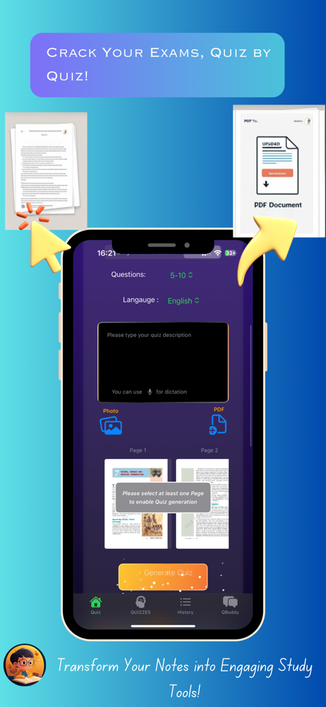 AI Quiz Maker: Flashcards - Interfaz de la aplicación móvil AI Quiz Maker mostrando cómo transformar notas y documentos PDF en atractivos cuestionarios de estudio para la preparación de exámenes