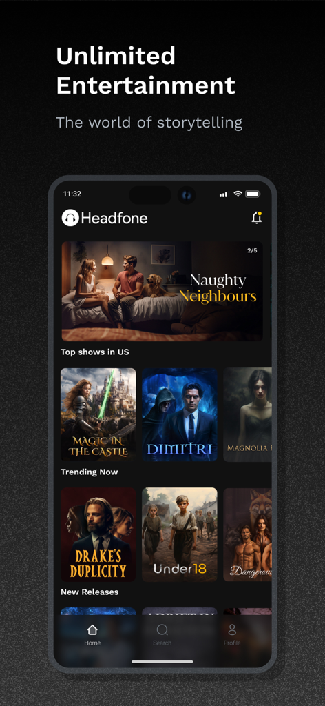 Headfone: Premium Audio Dramas - Headfone app home screen showing a variety of trending audio drama series and stories