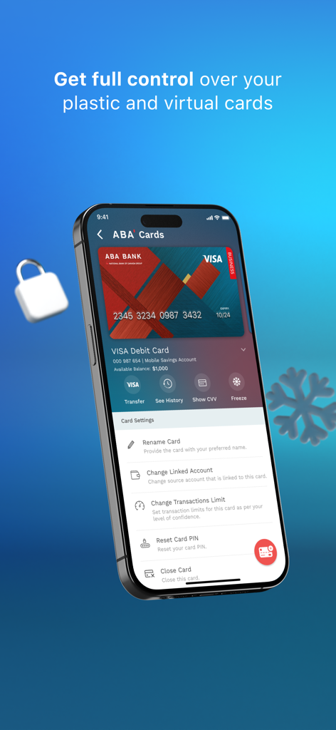 Pantalla de la aplicación ABA Mobile Bank para gestionar tarjetas de débito físicas y virtuales con configuraciones de seguridad