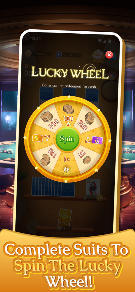 A golden lucky wheel in the Solitaire RushPro game displaying coin rewards and a spin button