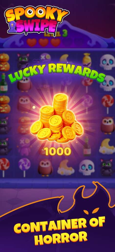 Spooky Swipe: Merge&Puzzle - A Spooky Swipe game screen displaying lucky rewards with a stack of 1000 gold coins over a Halloween puzzle grid