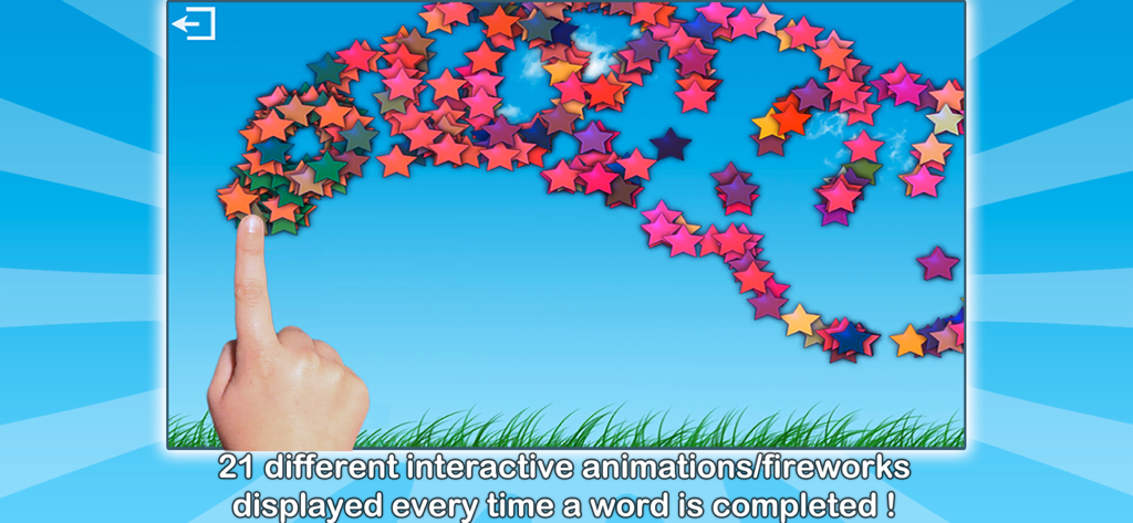 Montessori Crosswords for Kids - Child's finger interacting with a trail of colorful stars in the interactive reward animation of the Montessori Crosswords app