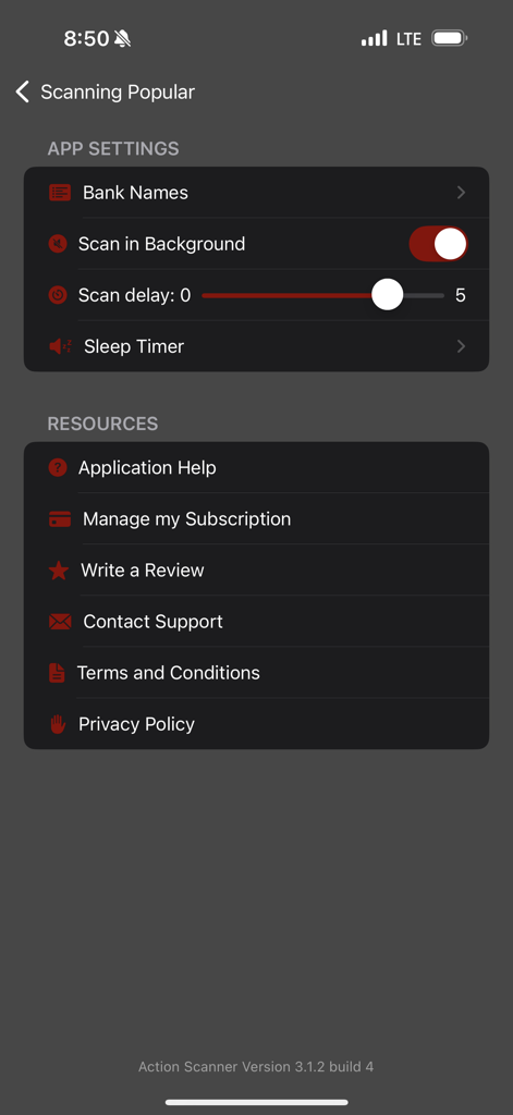 Settings screen of the Action Scanner Police Radio app showing options for background scanning and app resources.