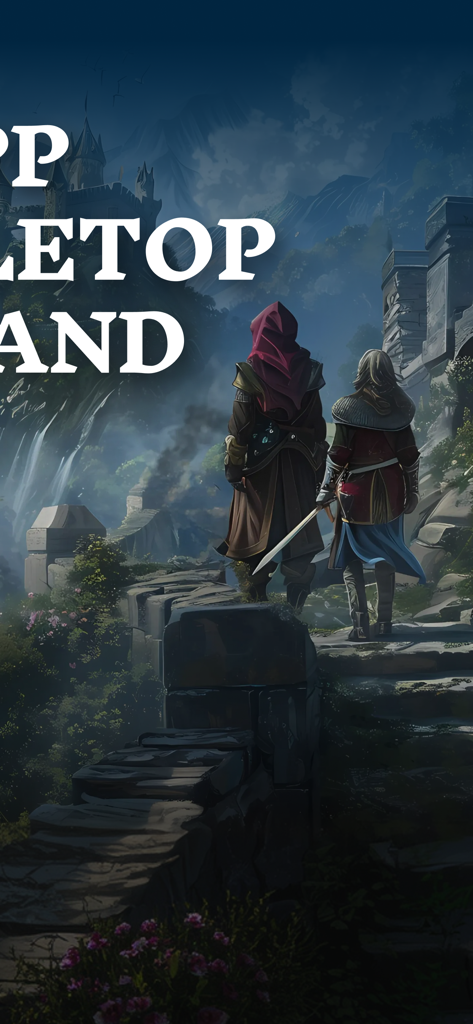 Tabletop Tunes - RPG Music App - Zwei Fantasy-Abenteurer gehen auf einem steinigen Weg in Richtung einer majestätischen Burg in einer Berglandschaft.