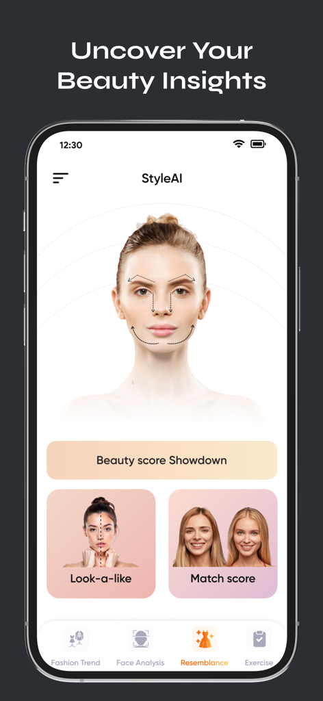 Style AI app screen showing beauty insights face analysis and celebrity lookalike features