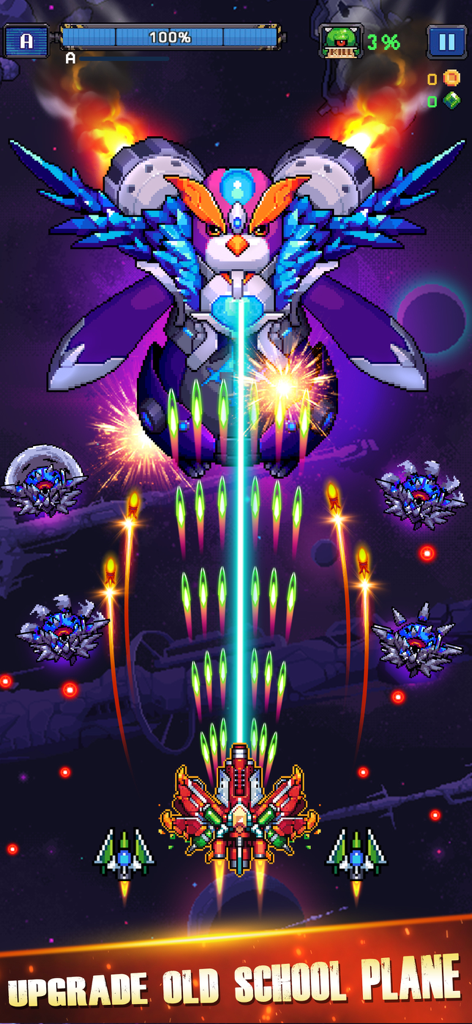 Intense space shooter boss battle with retro pixel art in Falcon Squad