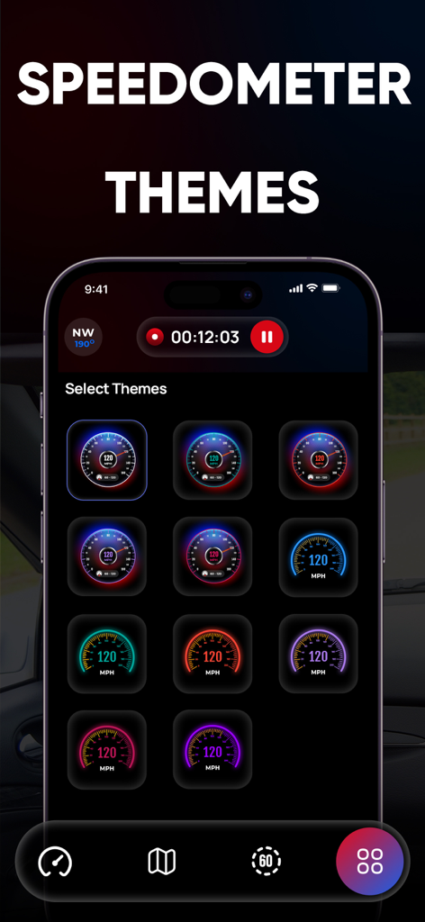GPS Speedometer- Speed Tracker - Interface exibindo múltiplos temas e estilos de medidores de velocímetro digital coloridos