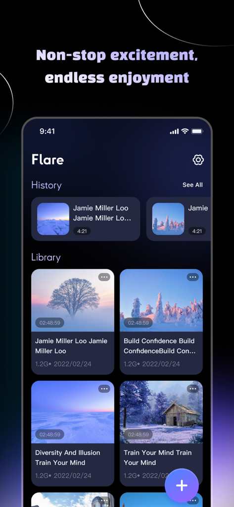 Flare-Powerful Decode - Flareビデオプレーヤーアプリのミニマリストライブラリと履歴画面。ローカルビデオファイルが表示されています。
