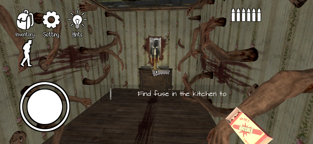 Gameplay screenshot of a creepy room with severed arms emerging from the walls and a puzzle prompt in Horror Clown Scary Escape Game
